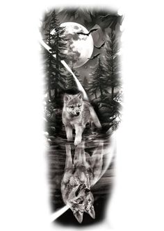 an image of two wolfs in front of the moon with trees and water reflection