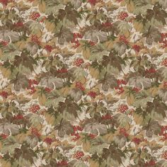 a floral wallpaper with leaves and berries in brown, green, beige and red colors