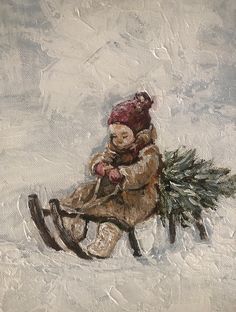 a painting of a teddy bear sitting on a sled