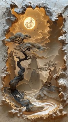 an image of a painting with trees and mountains in the background that looks like it is made out of paper