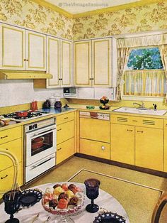 an old kitchen with yellow cabinets and white counter tops is featured in this vintage magazine