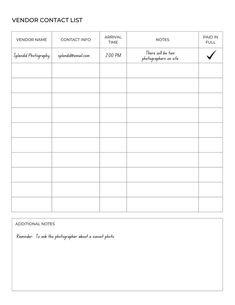 a printable vendor contact list