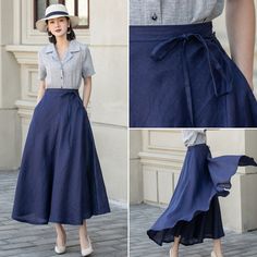 "Make a statement with this beautiful blue linen wrap skirt. The soft and flowy fabric is comfortable to wear all day, while the wrap style creates a sophisticated look that's perfect for any event. The waist tie and back elastic waist make it both stylish and functional. Pair it with a blouse and heels for a dressy occasion, or dress it down with sandals and a tee for a more casual look. This gorgeous skirt is sure to become a wardrobe favorite. DETAIL * 100% linen * Plus size Skirt, wrap skirt * Linen maxi skirt * Back elastic waistband * Perfect for Summer, Spring, Autumn * Wash by hand or machine with cold water * The model is 170 cm (5' 7\") tall with 85 cm(33.4\") bust and 67 cm(26.7\")waist. She is wearing a blue skirt in size XS. Choose CUSTOM Order if you * Need a better fit * Can Elegant Blue Wrap Skirt, Blue Flared Wrap Skirt, Blue Flared Wrap Skirt For Summer, Blue Flared Wrap Skirt For Spring, Elegant Long Linen Wrap Skirt, Blue A-line Maxi Skirt For Summer, Casual Long Blue Wrap Skirt, Elegant Blue Wrap Skirt For Summer, Elegant Blue Summer Wrap Skirt