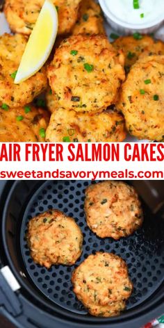 air fryer salmon cakes with lemon wedges on top and in the bottom photo