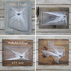 four different pictures of metal artwork on wooden planks with names and date in them