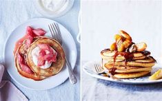 two plates with pancakes and fruit on them next to a glass of watermelon