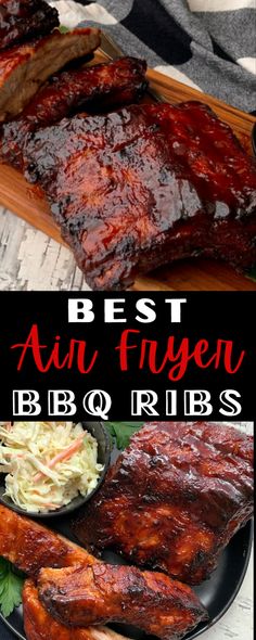 bbq ribs and coleslaw on a plate with the words best air fryer bbq ribs