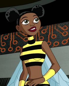 the animated character bee is dressed in black and yellow striped clothes with her hands on her hips