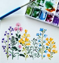 watercolors are being used to paint wildflowers on white paper with blue and yellow colors