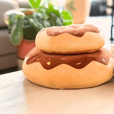 two donuts sitting on top of each other in front of a potted plant