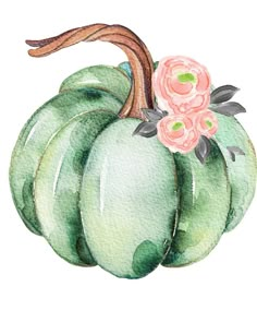 a watercolor painting of green pumpkins with pink flowers on the top and bottom