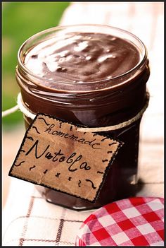 homemade nutella in a jar with a tag