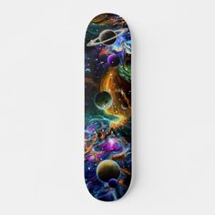 a skateboard with an image of the planets and stars on it's side