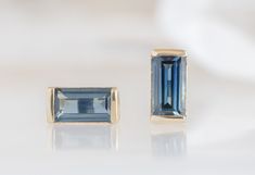 Montana Sapphire Baguette Studs Alexis Russell Jewelry, Alexis Russell, Baguette Studs, Baguette Earring, Handcrafted Engagement Ring, Ear Stack, Montana Sapphire, Sapphire Earrings, Fine Jewelry Collection