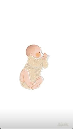 a drawing of a baby sitting on the ground holding a flower in it's mouth