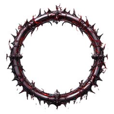 a circular frame made out of metal spikes and blood red paint on white background with copy space in the middle