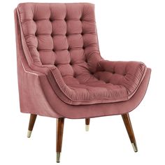 a pink chair with wooden legs and buttons on the armrests is shown in front of a white background