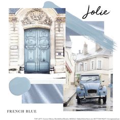 an old car parked in front of a blue door with the word jolie on it