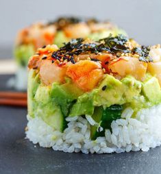 sushi with shrimp and avocado on rice