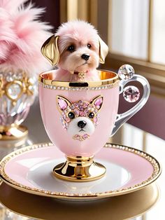 a small dog sitting in a pink cup on top of a saucer and plate