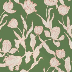 a green wallpaper with pink flowers on it