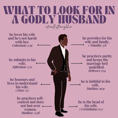 a man in a suit with the words what to look for in a godly husband