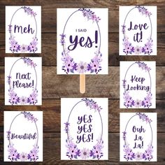 six purple flowers on popsicles with the words yes and meh next to them