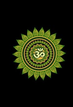 an image of a green and yellow flower with the om shan symbol in the center