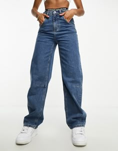 Jeans par ASOS WEEKEND COLLECTIVE Jean pour tous les jours Coupe baggy Taille haute Passants pour ceinture Poches fonctionnelles Étiquette logo Asos Outfit, High Rise Baggy Jeans, Baggy Fit Jeans, Asos Jeans, Denim Outfits, Jeans Models, Denim Day, Outfit Jeans