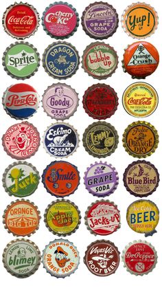 many different types of beer bottle caps are shown in this image, with the same color as