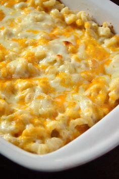 a casserole dish filled with macaroni and cheese