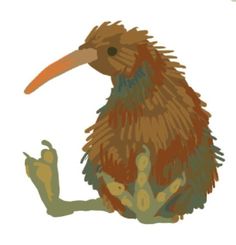 a drawing of a kiwi sitting on the ground with its legs crossed and it's head turned to the side