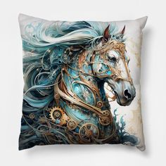 a pillow with a horse's head painted on the front and sides, as if it were steampunk