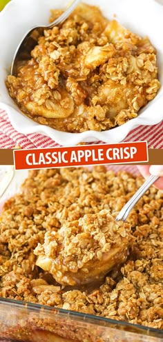 an apple crisp in a casserole dish with the words easy apple crisp above it