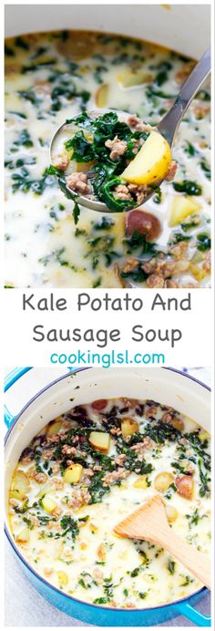 kale potato and sausage soup in a blue pot