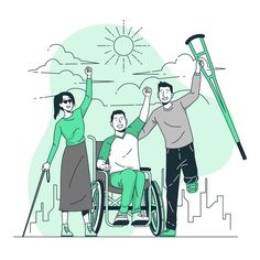 a man in a wheel chair is holding up a ladder while two women stand next to him