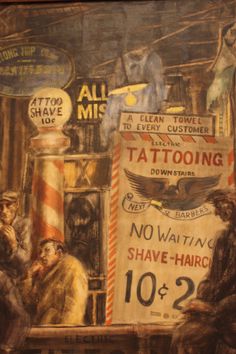 an oil painting of people sitting at a table in front of a tattoo parlor sign