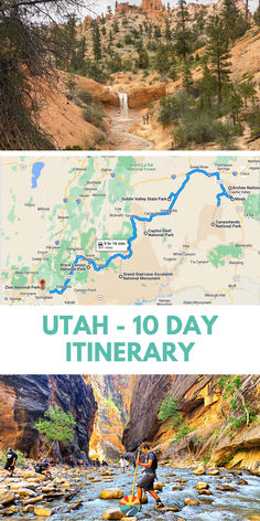 Picture of kids in Utah at different landscapes. Map of Utah 10 Day Itinerary. Text reads: Utah 10 Day Itinerary Utah National Parks Rv Road Trip, West National Parks Road Trip, Utah Road Trip National Parks, Southern Utah Road Trip, Utah National Parks Road Trip Itinerary, Utah Road Trip Itinerary, Utah National Parks Map, Road Trip To Utah, Out West Road Trip