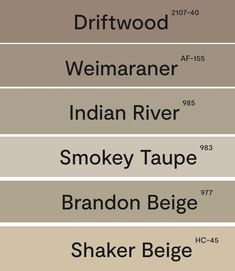 the names of different shades of paint for walls and floors in various colors, including neutrals