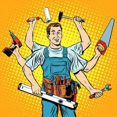 a man with tools in his hands and hammers on his shoulder, pop art