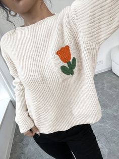 Crew Neck Floral Print Pocket Knit Sweater Apricot Casual  Long Sleeve Knitwear Floral,Fruit&Vegetable,Plants Pullovers Medium Stretch  Women Clothing, size features are:Bust: ,Length: ,Sleeve Length: Apricot Sweater, Bath Robes For Women, Hair Accessories Boho, Women's Robe, Long Sleeve Knit Tops, Inspiration Mode, Casual Shoes Women, Long Sleeve Knit, Sports Equipment