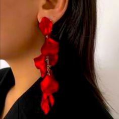 Red Rose Petal Drop Earrings Elegant Rose Red Earrings For Party, Elegant Red Earrings For Party, Rose Red Dangle Earrings For Party, Rose Red Drop Earrings For Party, Rose Red Flower Shaped Earrings For Party, Red Flower-shaped Evening Jewelry, Red Flower Jewelry For Evening, Red Earrings For Valentine's Evening, Red Valentine's Day Earrings For Evening