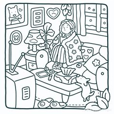 a woman sitting in her living room coloring page