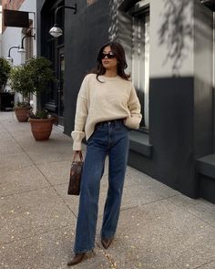 Spring style done right. Here, our 100% Organic Cotton Boyfriend Crew makes an entrance with a slight tuck, denim, and the perfect accessories. We love its oversized, cropped silhouette and ribbed detail on the cuffs and hem. Plus it's made from 100% organic cotton for a soft, slouchy vibe. Always fairly priced at $49.90. Women Plus Cotton Sweaters, Casual Cotton Sweater, Casual Winter Pants, Styling Crew Neck Sweater, Business Casual Sweatshirt, Seattle Fashion Fall, Tucking Sweater, Button Down With Sweater, Hippie Academia