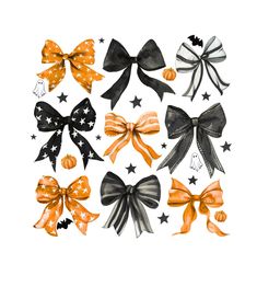 six different bows with stars and pumpkins on the top one is black, orange, and white