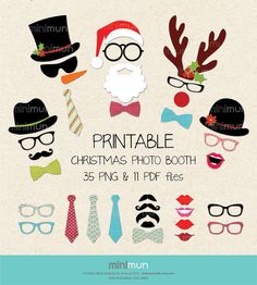 printable christmas photo booth props with santa hats, glasses and mustaches on them