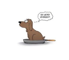 a cartoon dog sitting in a frying pan with an empty thought bubble above it