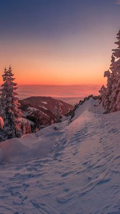 the sun is setting in the distance over some snow covered hills and trees with no leaves on them