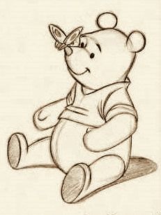 a drawing of a winnie the pooh sitting on the ground with a butterfly on its head