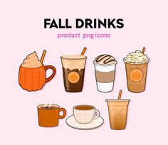 coffee cups and drinks with the words fall drinks product ping icons above them on a pink background